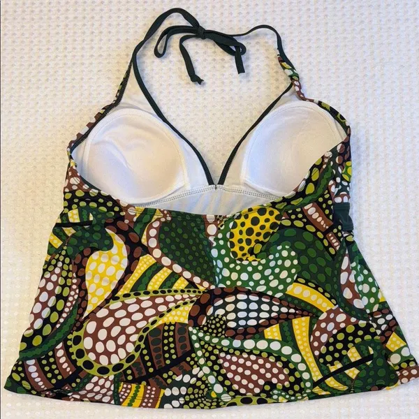 MERONA Tankini Halter Swimsuit Top Size LARGE Colorful Print Green Yellow - Image 7