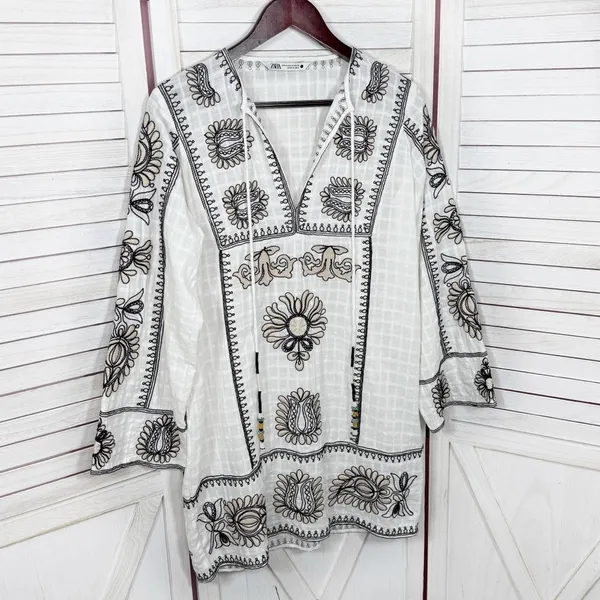 Zara Boho Embroidered Textured Cotton Tunic Shift Mini Dress White Tan Black XS‎ - Image 9