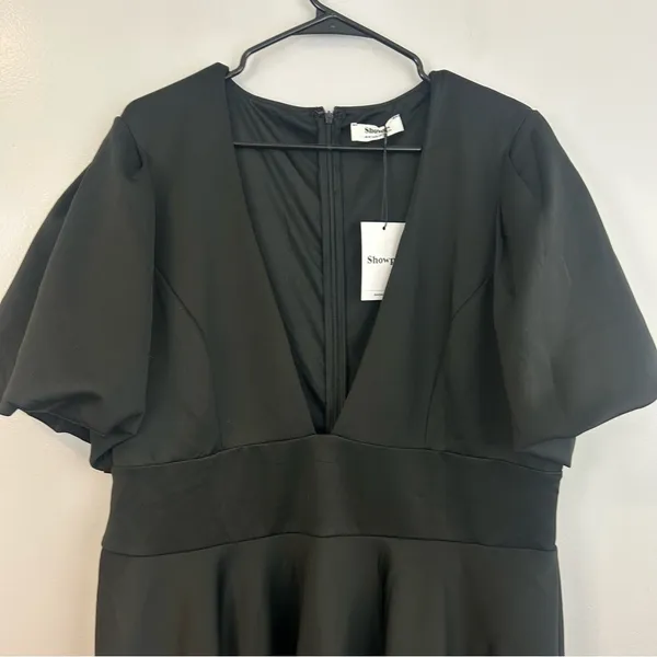 NWT Showpo. Margerie Plunge Puff Sleeve Fit & Flare Black Mini Dress Size 16 - Image 4