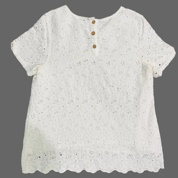 Cottagecore 100% Cotton Women White Eyelet Top XS Lace Scalloped Hem Button Back - Image 2