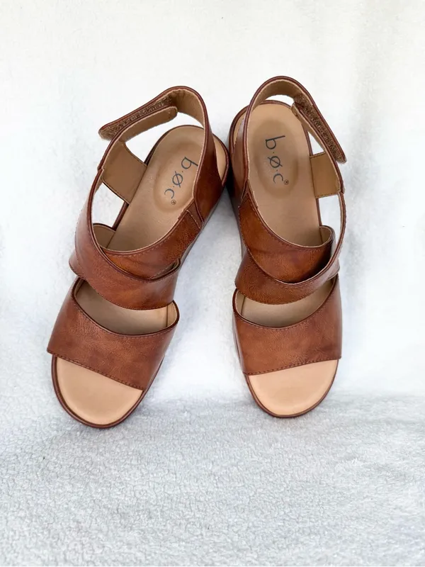 b.o.c. Women's Brown Leather Wedge Sandals - Comfortable Strappy Platform 7 - Image 3