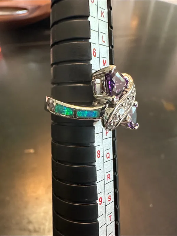 Sterling Silver Purple Amethyst & Crystal Swirl Ring with Teal Accents- Size 7 - Image 2