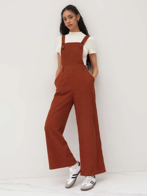 Cider Terracotta Corduroy Wide Leg Jumpsuit Orange Overalls M 70s Retro Vibe - Image 8
