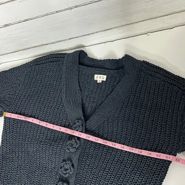 POL Chunky Knit Cardigan Sweater Small Black Flower Button Front Boho Textured - Image 5
