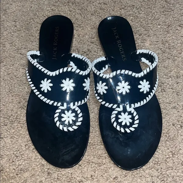 Jack‎ Rogers Bahamas Navajo Jack’s Jelly Sandals Whipstitch Black White 9 - Image 2