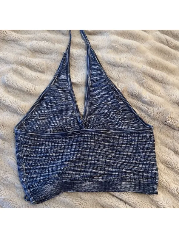 Vici JEANIE RUCHED HALTER KNIT CROP TOP - BLUE - Image 6