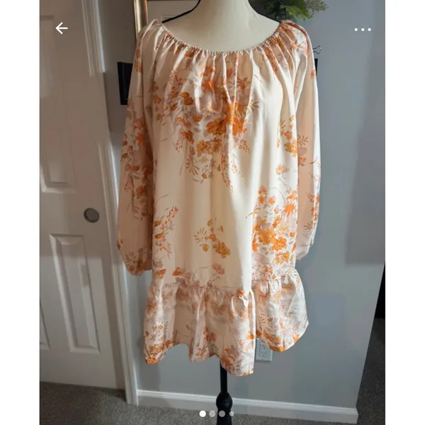 Cider Floral Off The Shoulder Mini Dress Orange Cream Ruffle Hem Long Sleeve M - Image 5