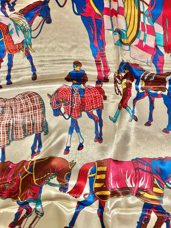 Vintage classic EQUESTRIAN horses PRINT ORANGE/ off white SQUAR SILK SCARF 35/35 - Image 17