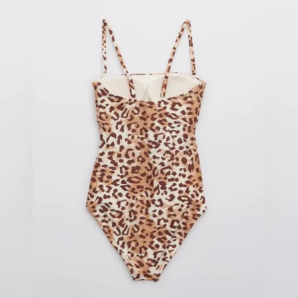 AERIE Brown and Cream Patterned One-Piece Size Small - Image 10