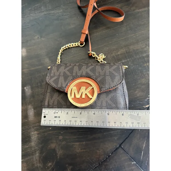 Michael Kors Brown Signature Logo Crossbody Bag Gold MK Medallion Mini Purse EUC - Image 7
