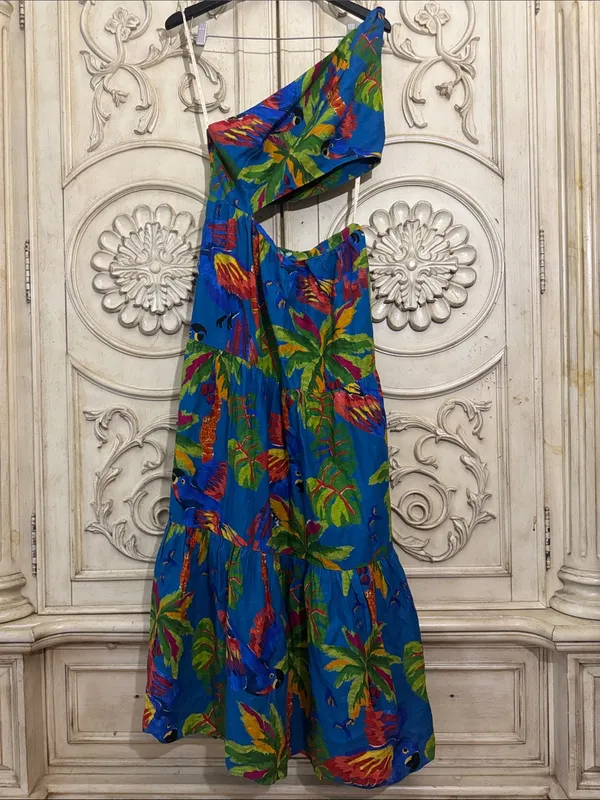 FARM RIO Blue Sunny Day One Shoulder Tropical Print Maxi Dress Sz:Medium - Image 4
