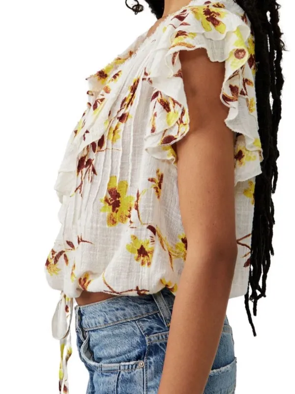 Free People White Floral Ruffle V-Neck Top with Yellow and Brown Print - Image 2
