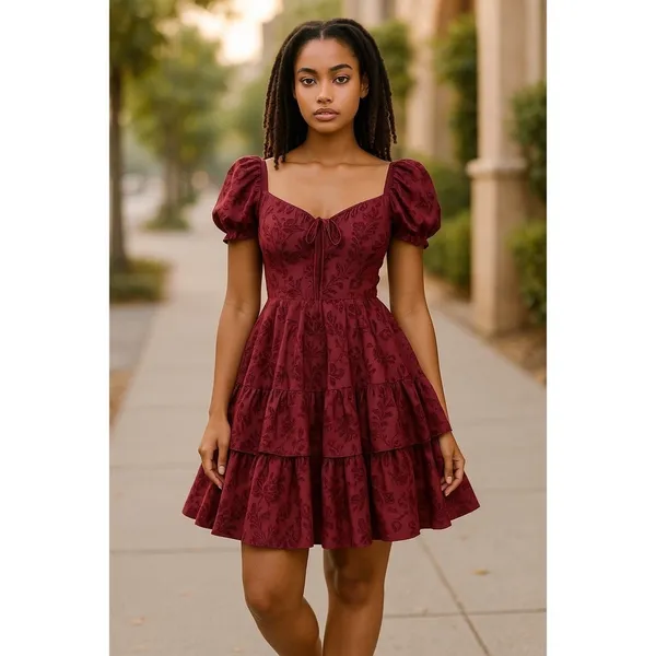 City Vibe Dress Velvet Floral Sweetheart Neck Puff Sleeve Tiered Maroon Size‎ 0 - Image 5