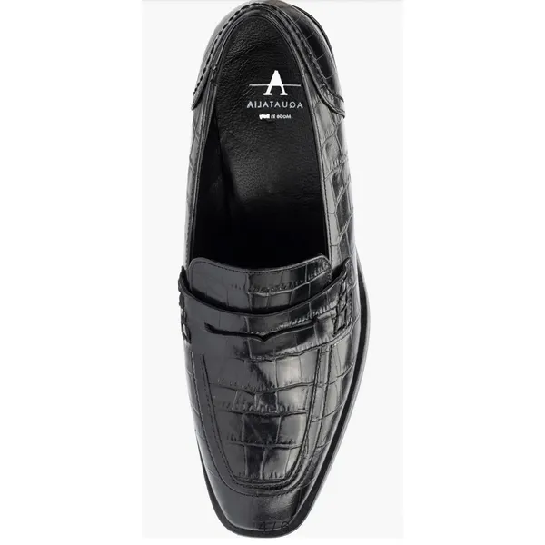 Aquatalia Riya Croc‎ Embossed Penny Loafer Black Leather Block Heel Size 7 New - Image 4