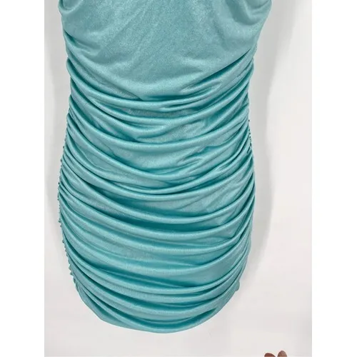 Vintage 90s Lucy in the‎ Sky Ruched Bodycon Mini Dress Blue Medium Party Club - Image 6
