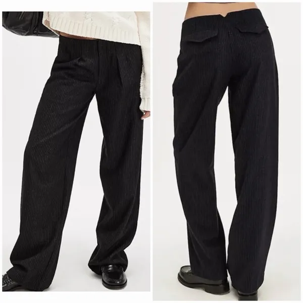 Free People Pinstripe Wide Leg Trousers 6 Navy Blue Low Rise Career Wool Blend - Image 5