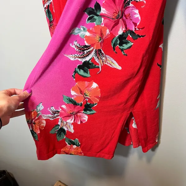 Chico's Floral Colorblock Open Front Cardigan Pink Red Longline Sweater XL‎ - Image 5