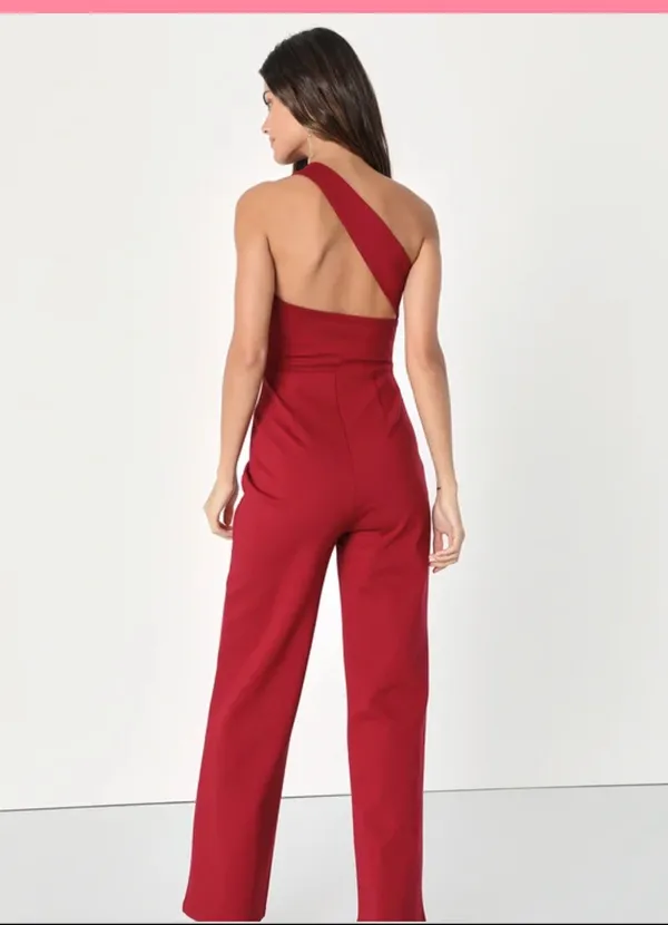 Lulus Burgundy Sleeveless One -Shoulder Jumpsuit - Image 2