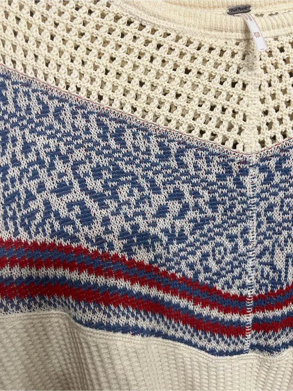 Free People Geo Party pulloverCream Fair Isle Sweatshirt with Red & Blue Stripes - Image 8
