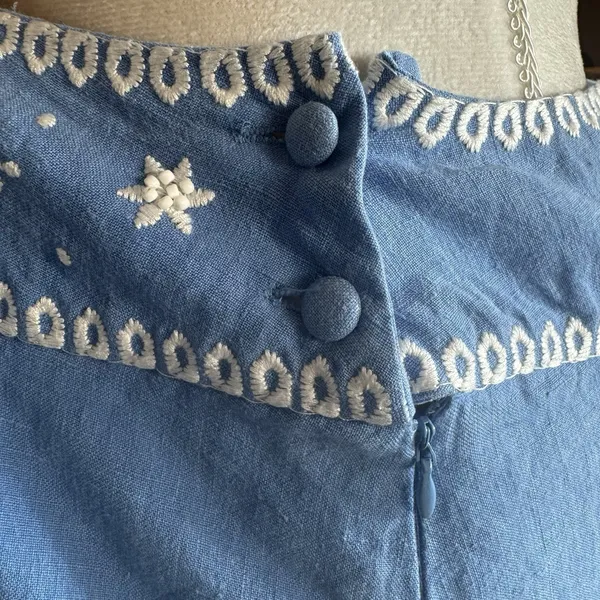 Vintage 100% Linen Skirt Sz 12 Artisan Embroidered Beaded Blue Cottage Boho Folk - Image 9