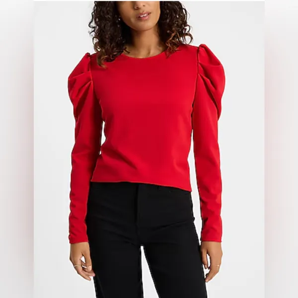 EXPRESS Crew Neck Puff Long Sleeve Tee SMALL Lipstick Red Blouse Top - Image 5