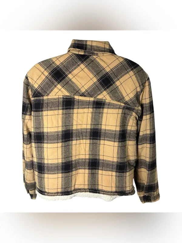 Lucky Brand Plaid Flannel Shacket Sherpa Lined Snap Front Tan Black Gray M - Image 7