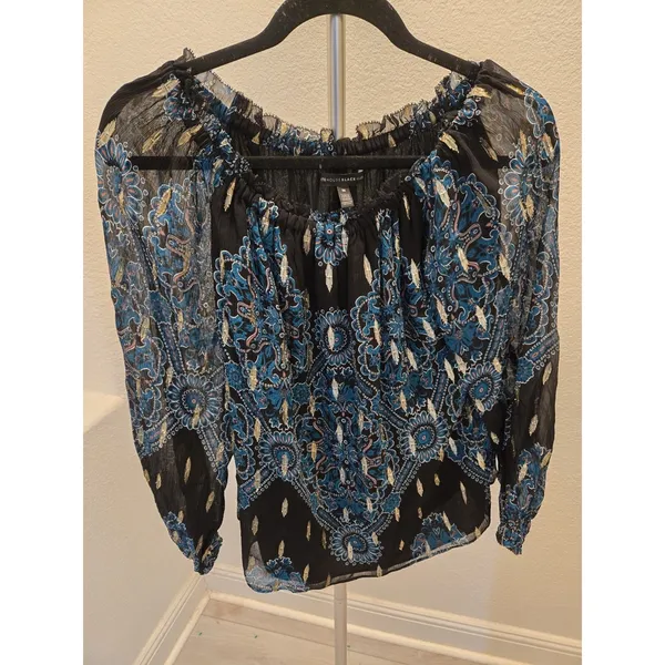 White House Black Market Womens M Blouse Royal Blue Paisley Metallic Boho - Image 2
