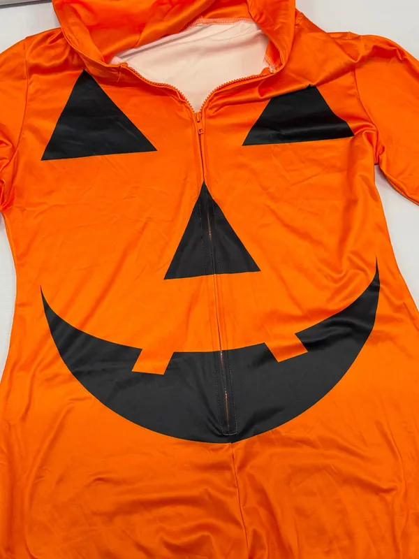 Halloween Pumpkin Jack-O-Lantern Hooded Jumpsuit Costume Orange Women L - Image 3