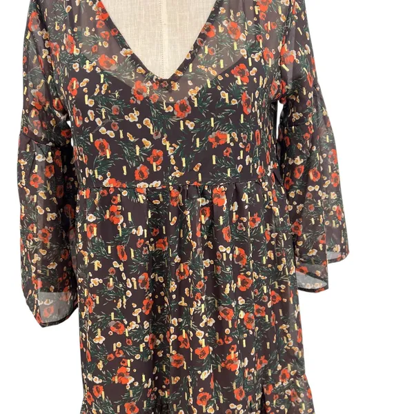 Natural Life Floral Print Midi Dress Kimono‎ Sleeve Brown Red Size Small - Image 4