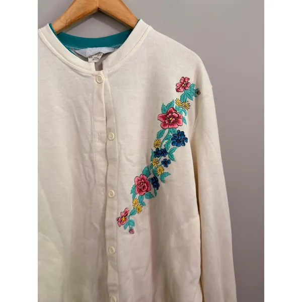 Blair Womens Crewneck Sweatshirt‎ Ivory Floral Embroidered Trim Size Large - Image 2