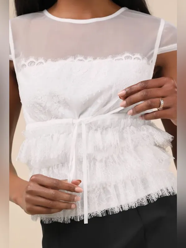 Lulu's White Sheer Lace Tiered Ruffle Peplum Top - Image 2