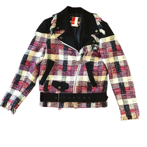 MSGM Plaid Moto Jacket Metallic Black Pink Purple Size 4 - Image 2