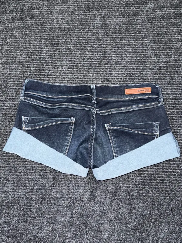 Vintage y2k Express Low Rise Micro Mini Jean Booty Shorts Dark Wash Sz 0 / 27” - Image 2