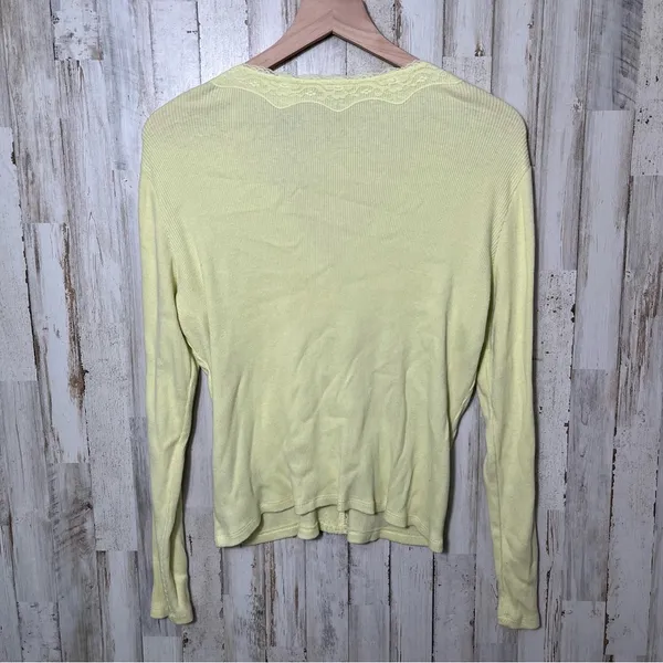 American Vintage Vintage Y2K J.H. Yellow Green Lace Ribbed‎ Button Cardigan Sweater Womens Large - Image 5