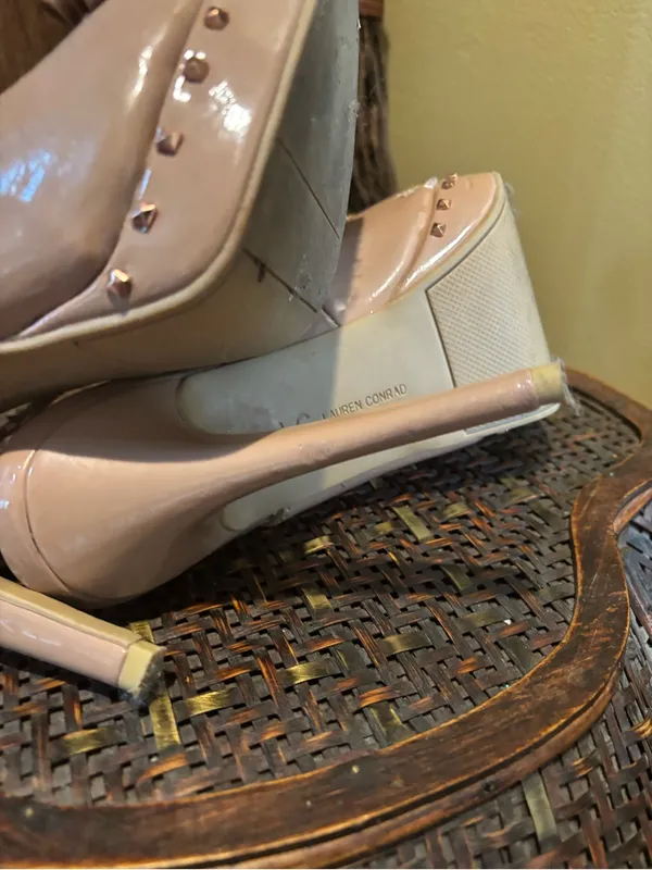 LC Lauren Conrad Blush Patent Peep-Toe Slingback Heels with Bow - Image 7