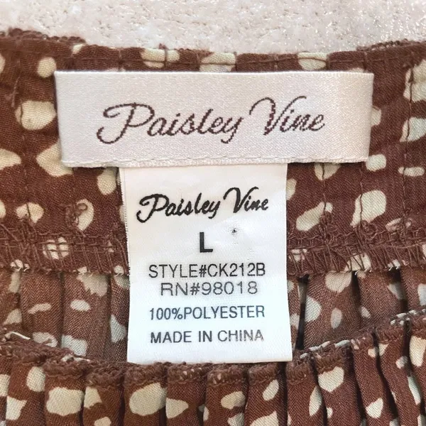 Paisley Vine Tunic Top Brown Boho Smocked Neck Tie Cuff Polka‎ Dot Womens Large - Image 6
