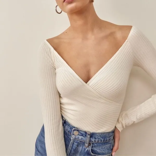 Reformation Minnie Ivory V-Neck Wrapped Knit Long Sleeve Ribbed Sweater Top XS - Image 8