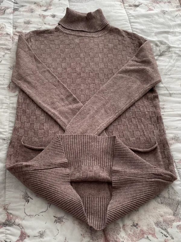 Wool Blend Brown Cable Knit Turtleneck Sweater Dress with Pockets, size M - Image 9