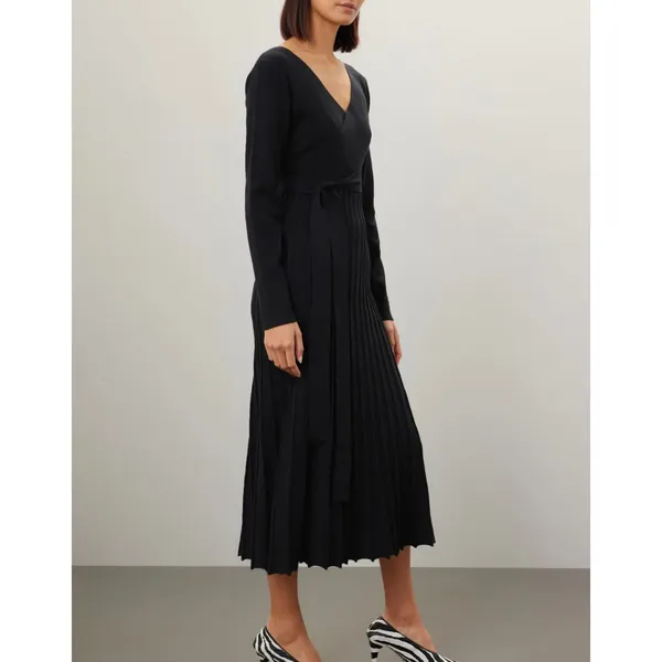 Area Stars Black Knit Midi Wrap Dress XS Pleated Fit Flare Career Designer $175 - Image 2