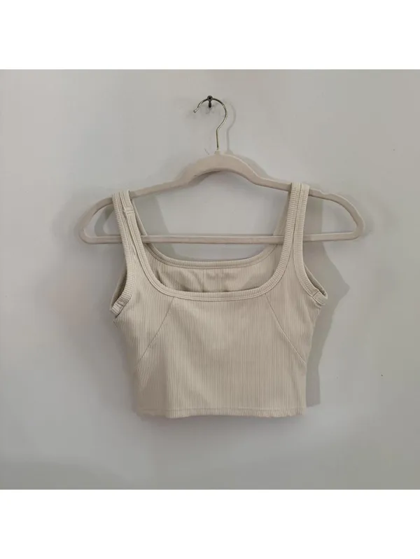 Cream Ribbed Cropped Tank with Build in Bra - Image 3