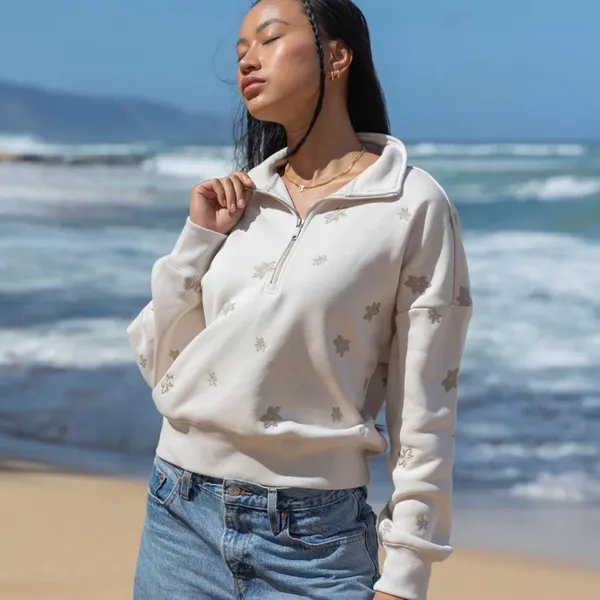 Elevated Faith Floral Half Zip Sweatshirt L Cream Cropped Cozy - Image 3