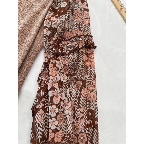 SHEIN Womens Brown Marled Knit Floral Ruffle Sleeve Top Crew Neck Size L - Image 4