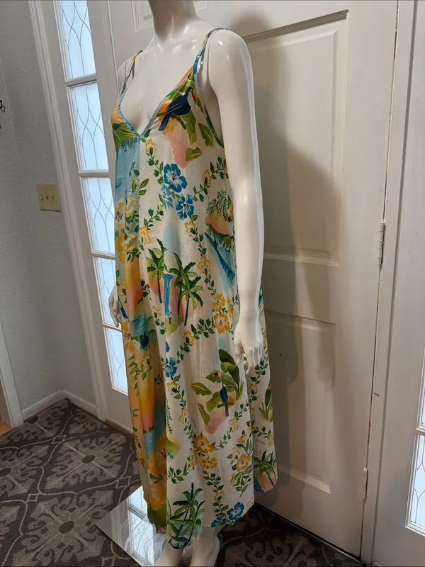 Farm Rio Tropical Floral Slip Dress in Yellow, Blue & Green Size Small - Image 7