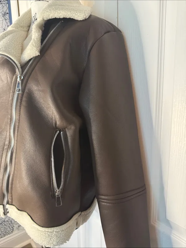 CHICME Women’s Faux-Shearling Biker Jacket in Coffee - Image 4