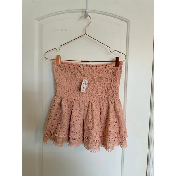 Endless Rose Mini Skirt Women Size M Pink Smocked‎ Lace Ruffle Pom Pom Trim - Image 3