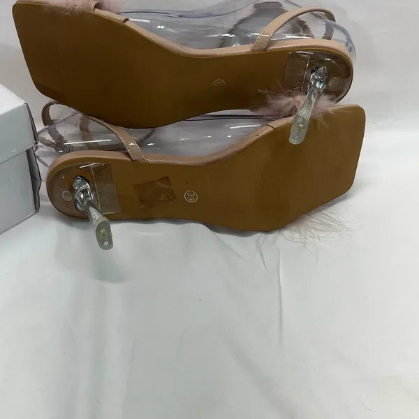 Pink Feathered Heels Women 7.5-8 39 Pink/Beige Strappy‎ Transparent Heel Elegant - Image 8
