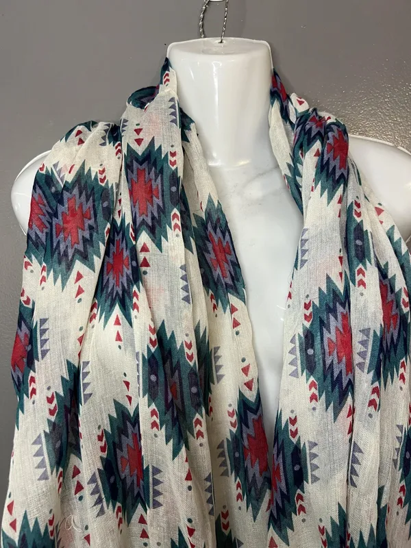 Aztec Southwestern Scarf Womens One Size Red Teal Geometric Lightweight Shawl - Image 2