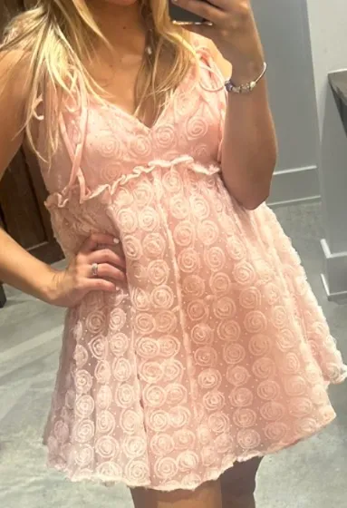 Lulus Dress pretty sweetheart pink tulle appliqué bow babydoll mini dress - Image 2