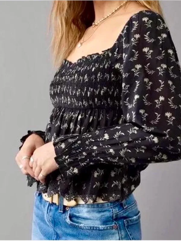 American Eagle XL‎ Floral Smocked Peplum Blouse Peasant Sleeves Coquette Boho - Image 2
