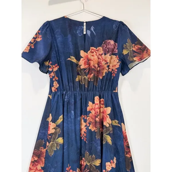 NWT Baltic Born Maxi Dress Blue Colina Satin Floral Flutter Side Slit Medium - Image 9